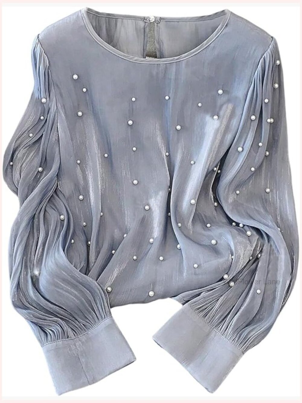 Long Sleeve Blouse with Pearl Beaded Crewneck Dressy Casual Top